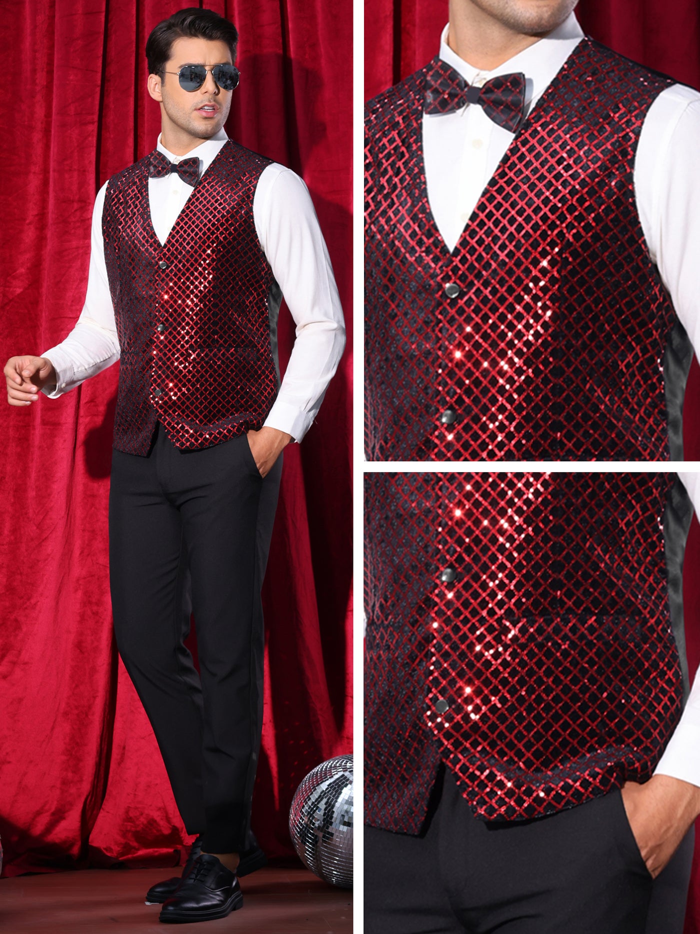 Bublédon Argyle Sequin Vest for Men's V-Neck Party Dress Prom Nightclub Shiny Sleeveless Suit Waistcoat