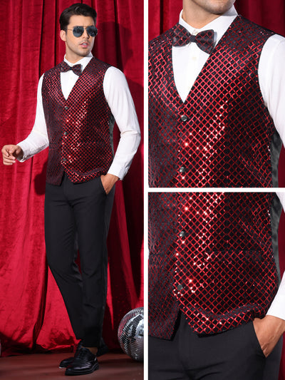 Argyle Sequin Vest for Men's V-Neck Party Dress Prom Nightclub Shiny Sleeveless Suit Waistcoat