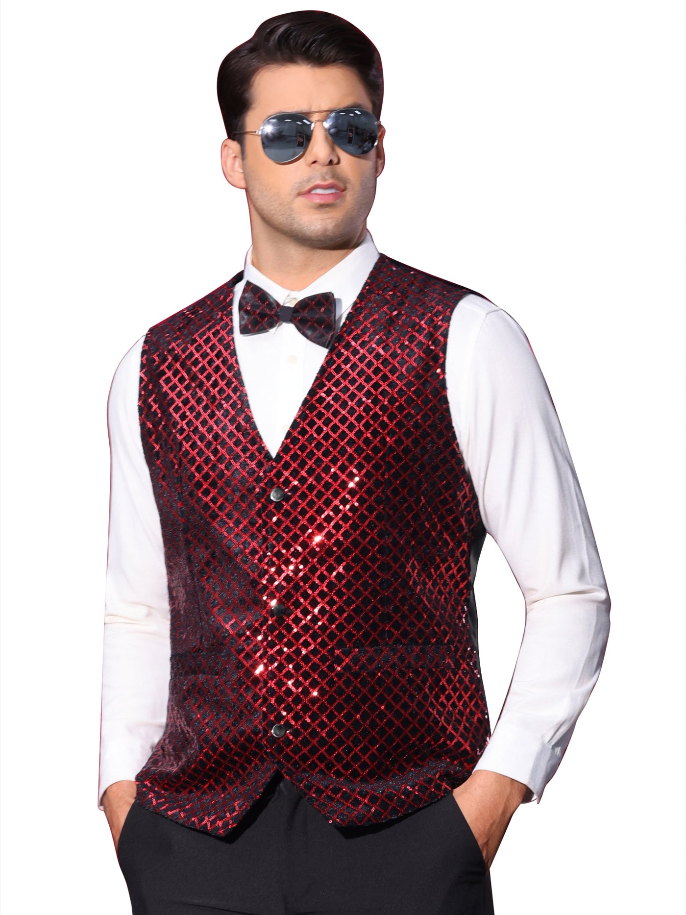 Bublédon Argyle Sequin Vest for Men's V-Neck Party Dress Prom Nightclub Shiny Sleeveless Suit Waistcoat