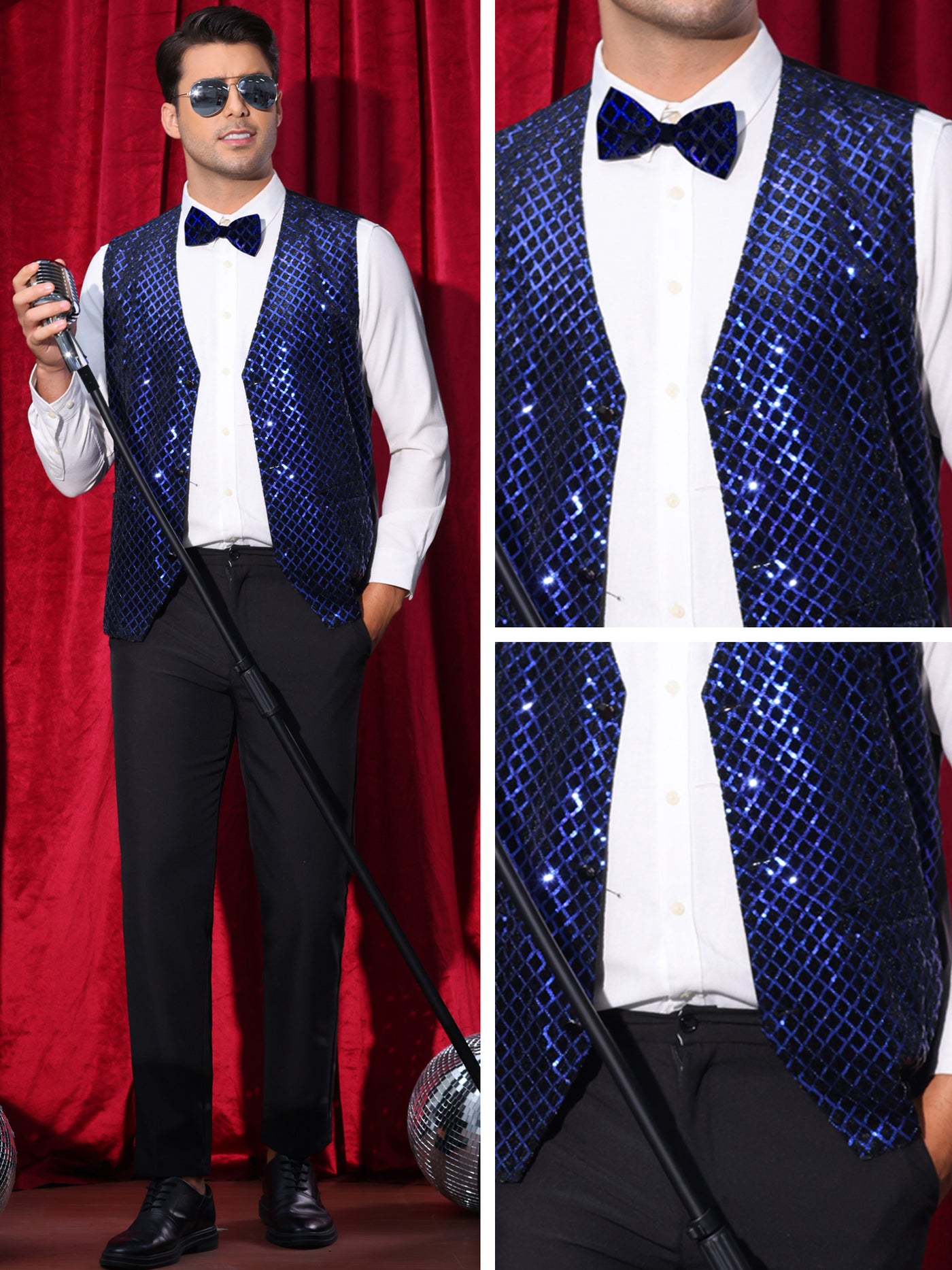 Bublédon Argyle Sequin Vest for Men's V-Neck Party Dress Prom Nightclub Shiny Sleeveless Suit Waistcoat