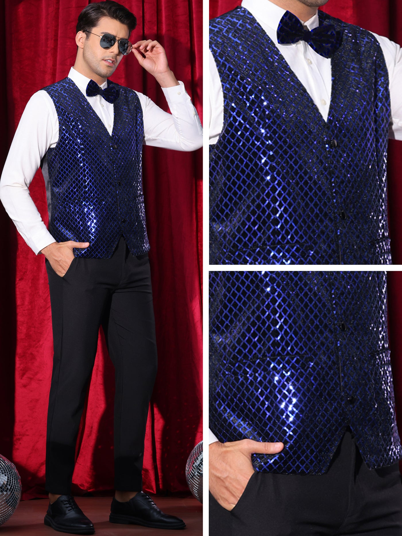 Bublédon Argyle Sequin Vest for Men's V-Neck Party Dress Prom Nightclub Shiny Sleeveless Suit Waistcoat