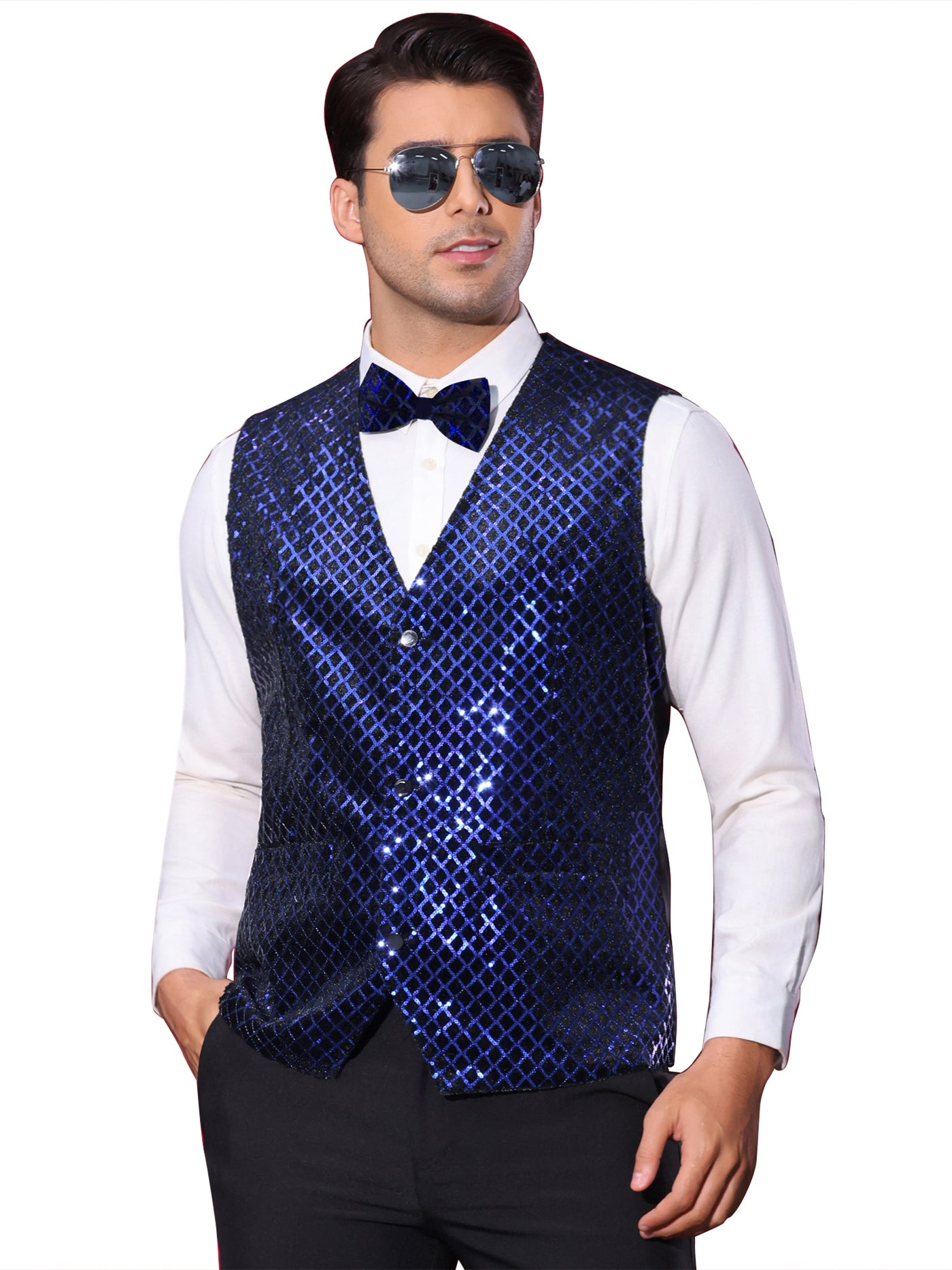 Bublédon Argyle Sequin Vest for Men's V-Neck Party Dress Prom Nightclub Shiny Sleeveless Suit Waistcoat