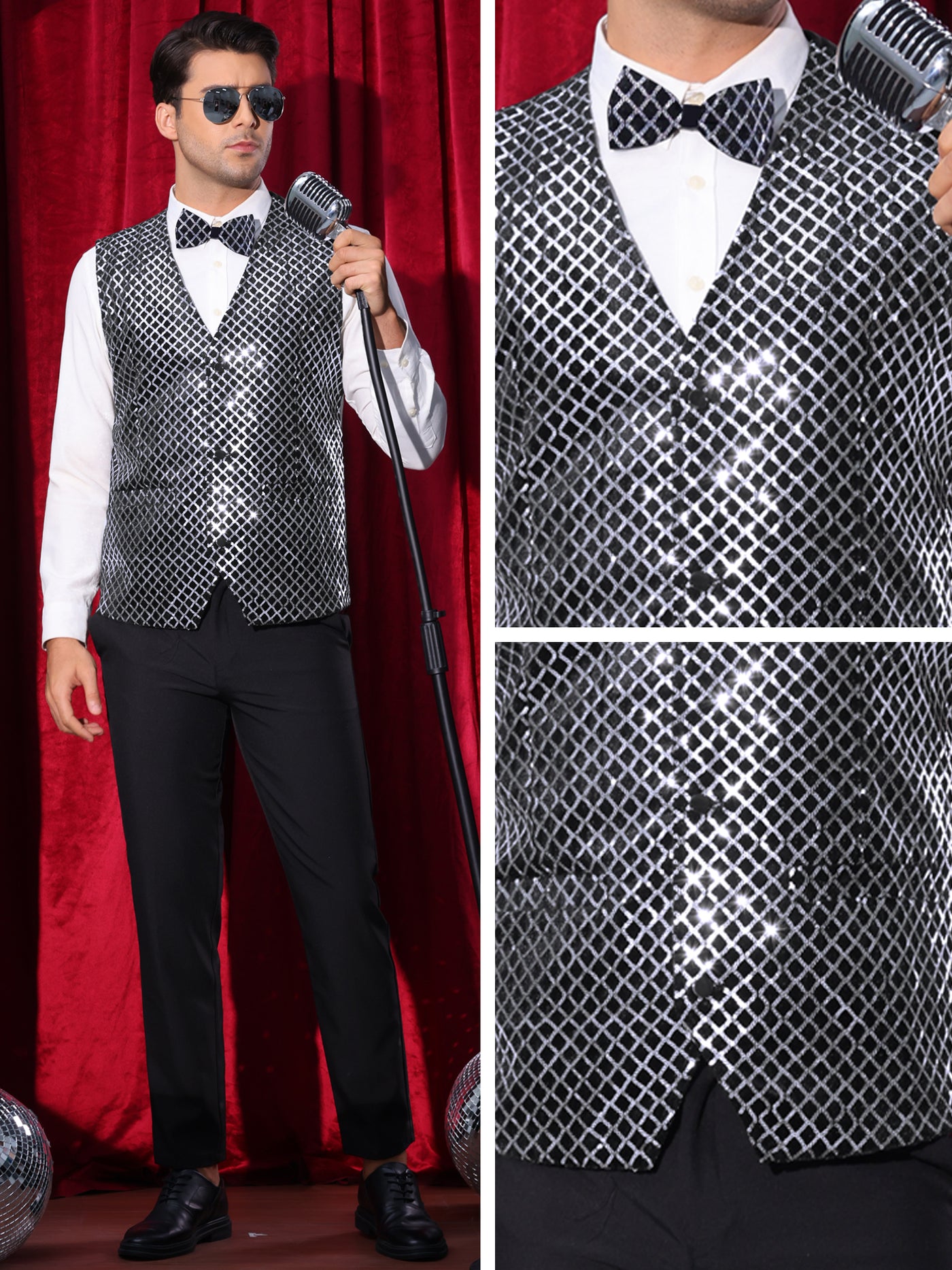 Bublédon Argyle Sequin Vest for Men's V-Neck Party Dress Prom Nightclub Shiny Sleeveless Suit Waistcoat