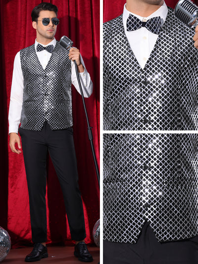 Argyle Sequin Vest for Men's V-Neck Party Dress Prom Nightclub Shiny Sleeveless Suit Waistcoat