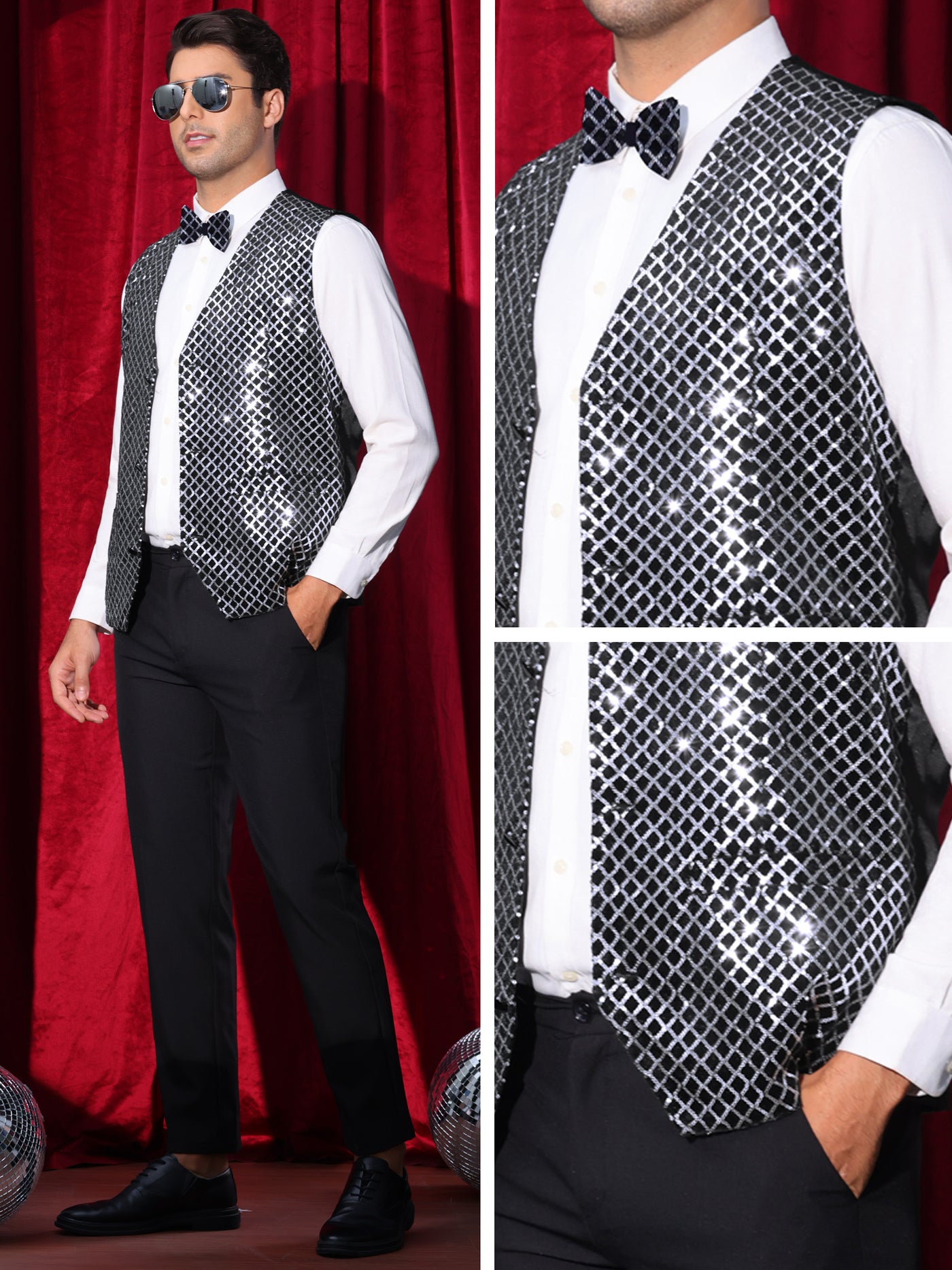 Bublédon Argyle Sequin Vest for Men's V-Neck Party Dress Prom Nightclub Shiny Sleeveless Suit Waistcoat