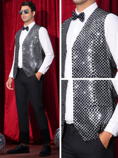 Argyle Sequin Vest for Men's V-Neck Party Dress Prom Nightclub Shiny Sleeveless Suit Waistcoat