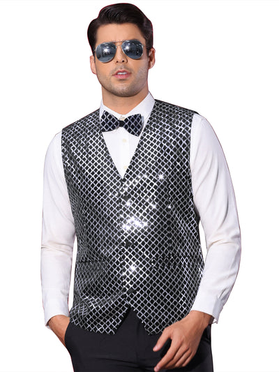 Bublédon Argyle Sequin Vest for Men's V-Neck Party Dress Prom Nightclub Shiny Sleeveless Suit Waistcoat