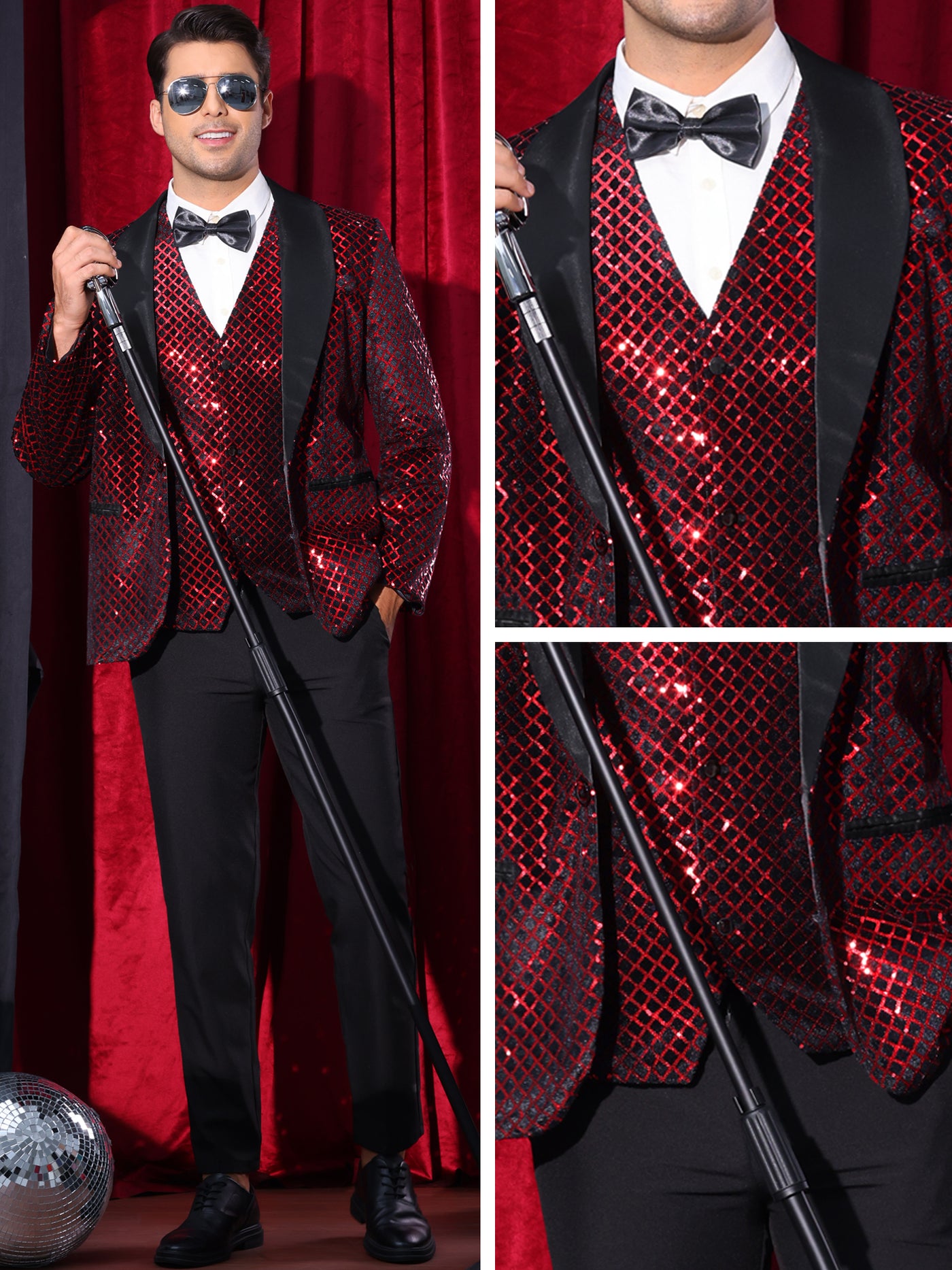 Bublédon Sequin Argyle Blazer for Men's Shawl Lapel Disco Prom Party Tuxedo Metallic Shiny Plaid Suit Jacket Sport Coat