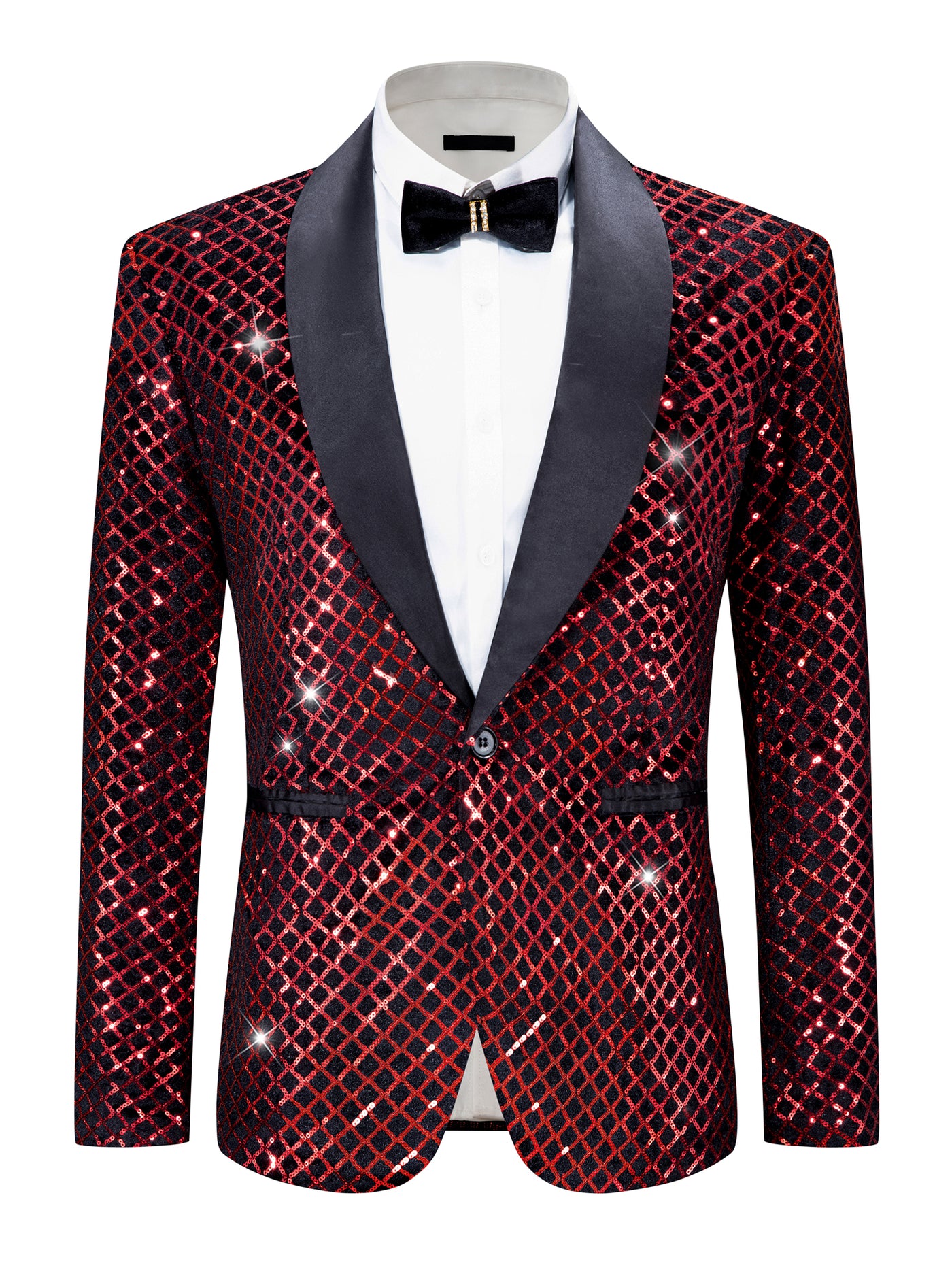 Bublédon Sequin Argyle Blazer for Men's Shawl Lapel Disco Prom Party Tuxedo Metallic Shiny Plaid Suit Jacket Sport Coat