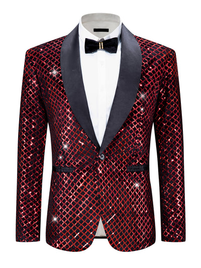 Sequin Argyle Blazer for Men's Shawl Lapel Disco Prom Party Tuxedo Metallic Shiny Plaid Suit Jacket Sport Coat