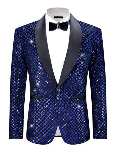 Sequin Argyle Blazer for Men's Shawl Lapel Disco Prom Party Tuxedo Metallic Shiny Plaid Suit Jacket Sport Coat