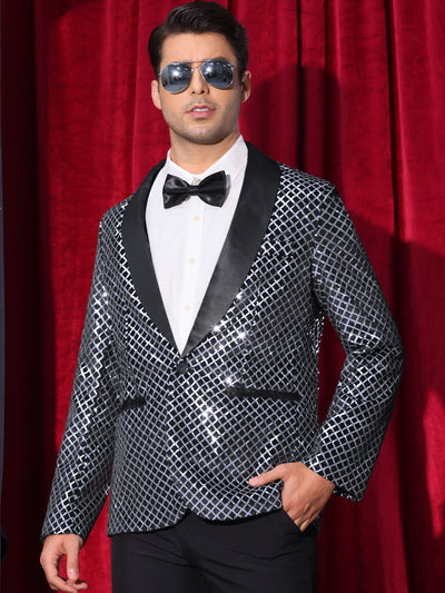 Sequin Argyle Blazer for Men's Shawl Lapel Disco Prom Party Tuxedo Metallic Shiny Plaid Suit Jacket Sport Coat