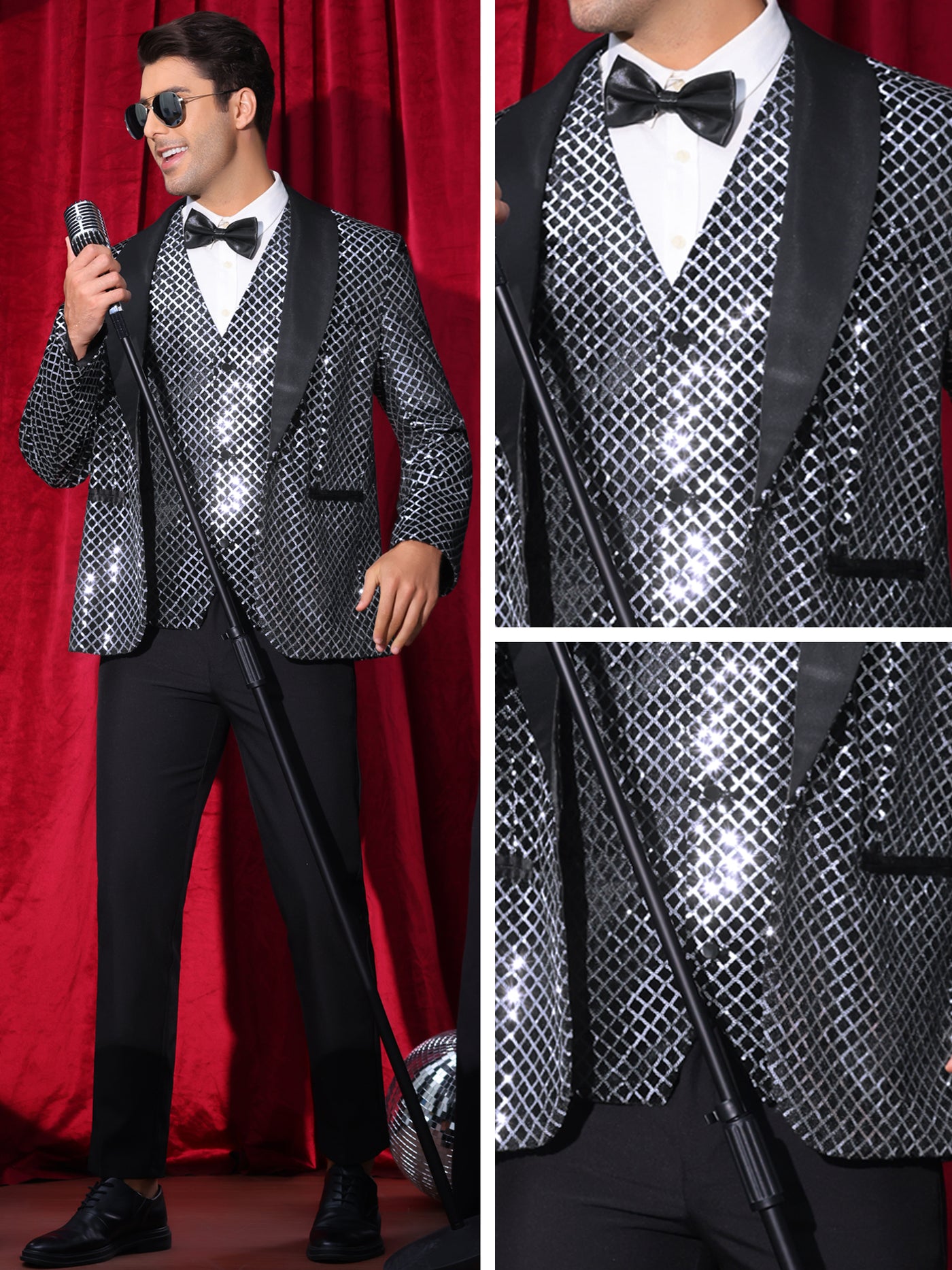 Bublédon Sequin Argyle Blazer for Men's Shawl Lapel Disco Prom Party Tuxedo Metallic Shiny Plaid Suit Jacket Sport Coat