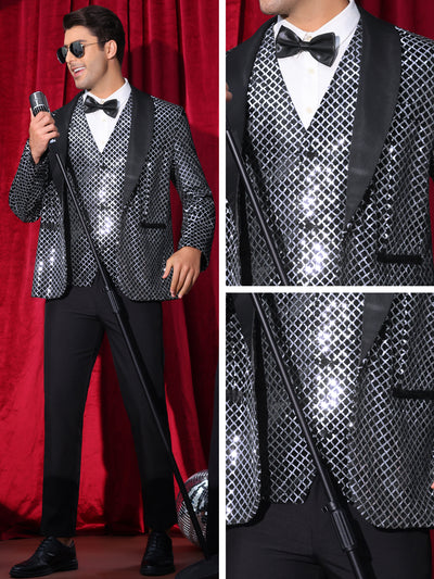 Sequin Argyle Blazer for Men's Shawl Lapel Disco Prom Party Tuxedo Metallic Shiny Plaid Suit Jacket Sport Coat