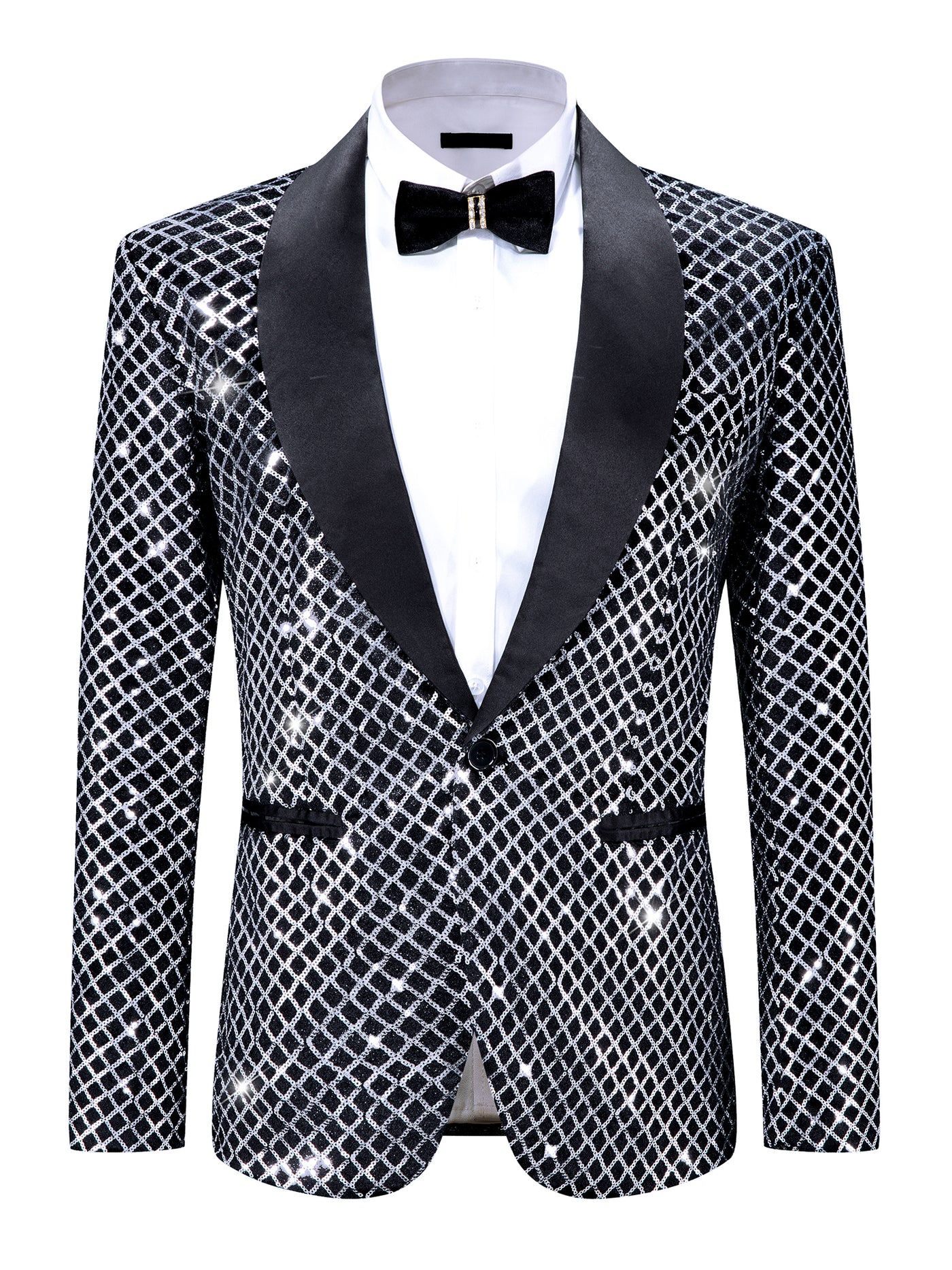 Bublédon Sequin Argyle Blazer for Men's Shawl Lapel Disco Prom Party Tuxedo Metallic Shiny Plaid Suit Jacket Sport Coat