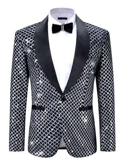 Sequin Argyle Blazer for Men's Shawl Lapel Disco Prom Party Tuxedo Metallic Shiny Plaid Suit Jacket Sport Coat