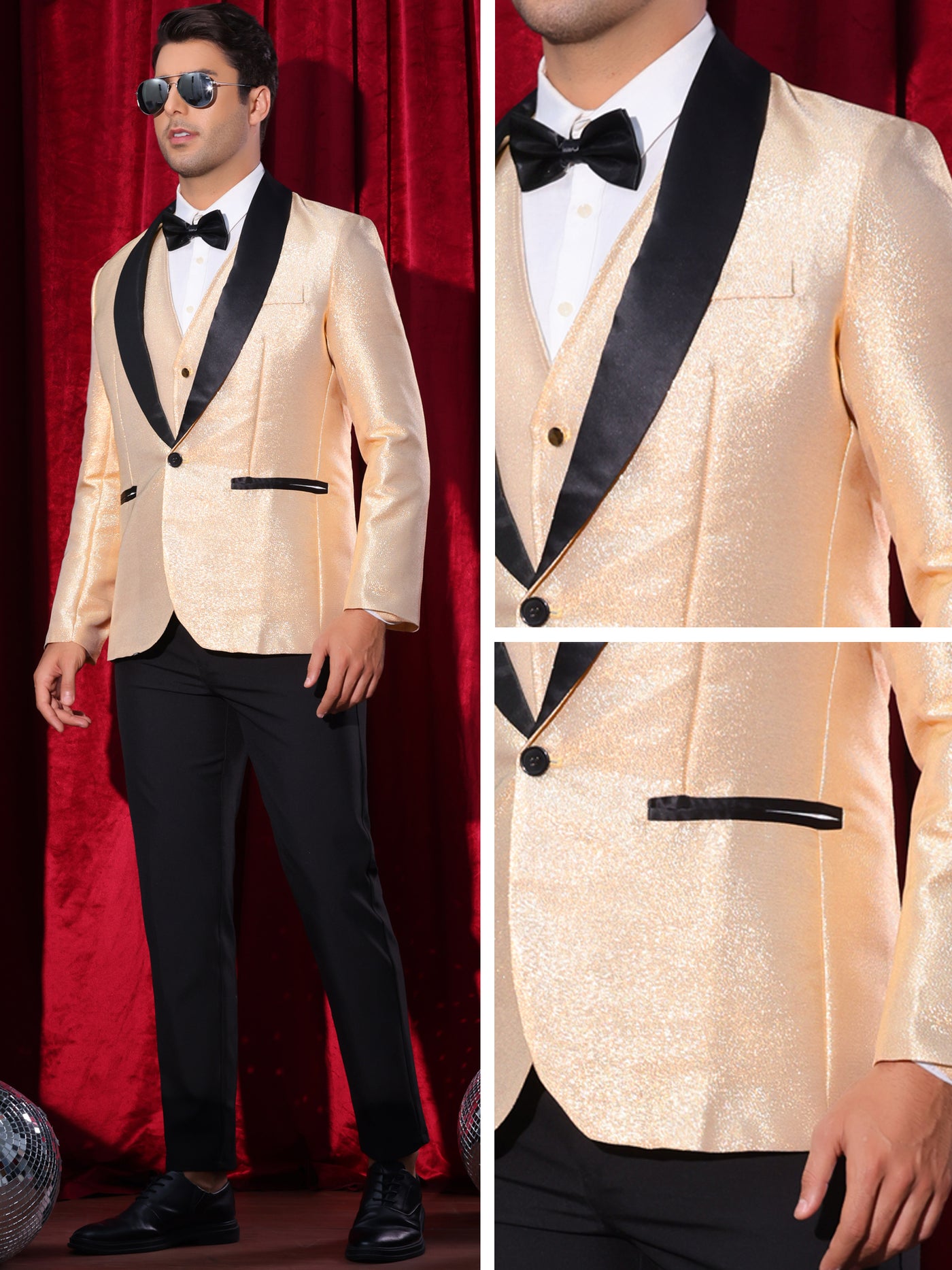 Bublédon Glitter Blazers for Men's Shawl Lapel Wedding Metallic Sports Coat Party Sparkly Suit Jackets