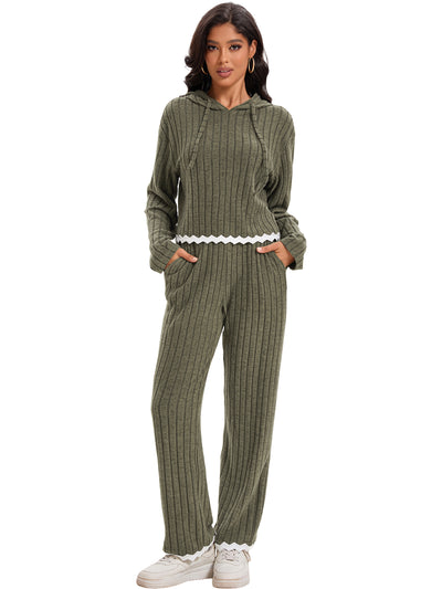 Bublédon Onfers Women's 2 Piece Outfits Casual Lounge Set Ribbed Sweater Hoodie Wide Leg Pants Tracksuit