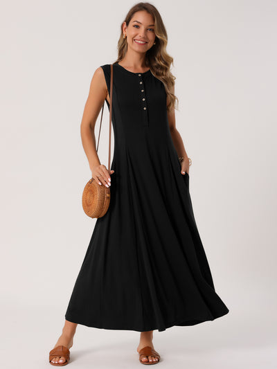 Women's Sleeveless Button Fit Flare A-Line Flowy Casual Long Dresses Summer Outfits