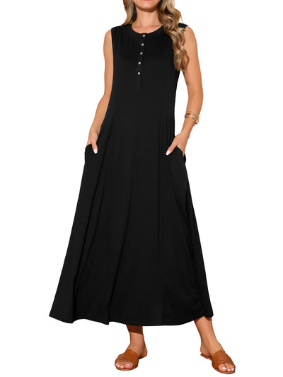 Women's Sleeveless Button Fit Flare A-Line Flowy Casual Long Dresses Summer Outfits