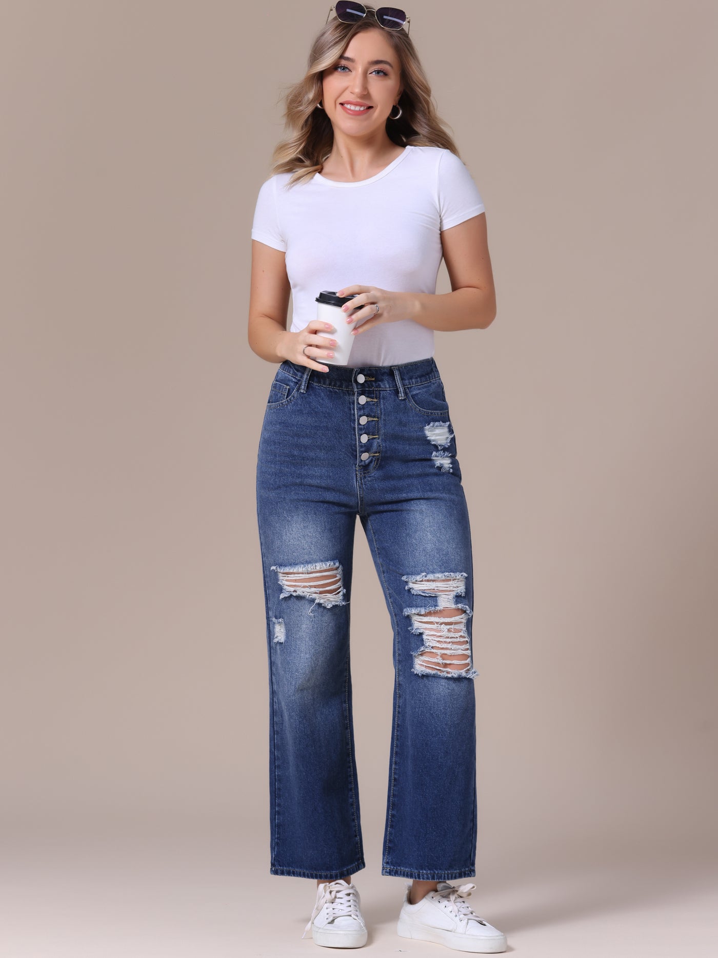 Bublédon Women's Ripped Jeans Distressed Button Front Stretchy Hole Destroyed High Rise Denim Pants