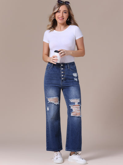 Women's Ripped Jeans Distressed Button Front Stretchy Hole Destroyed High Rise Denim Pants