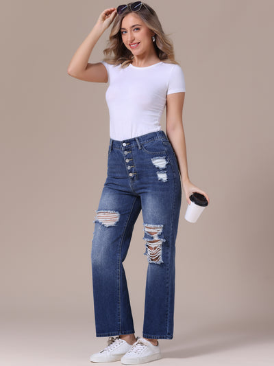 Women's Ripped Jeans Distressed Button Front Stretchy Hole Destroyed High Rise Denim Pants