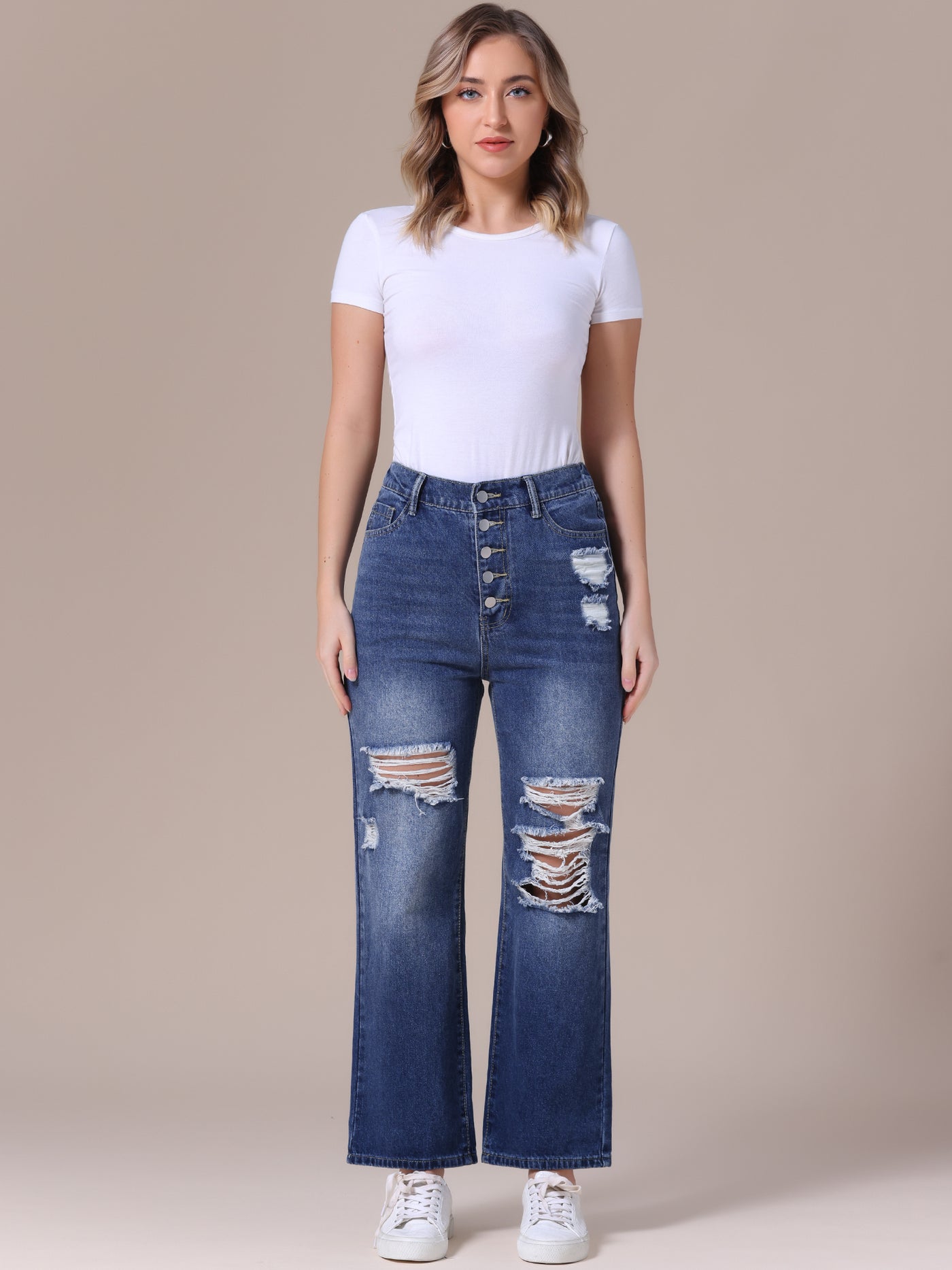 Bublédon Women's Ripped Jeans Distressed Button Front Stretchy Hole Destroyed High Rise Denim Pants