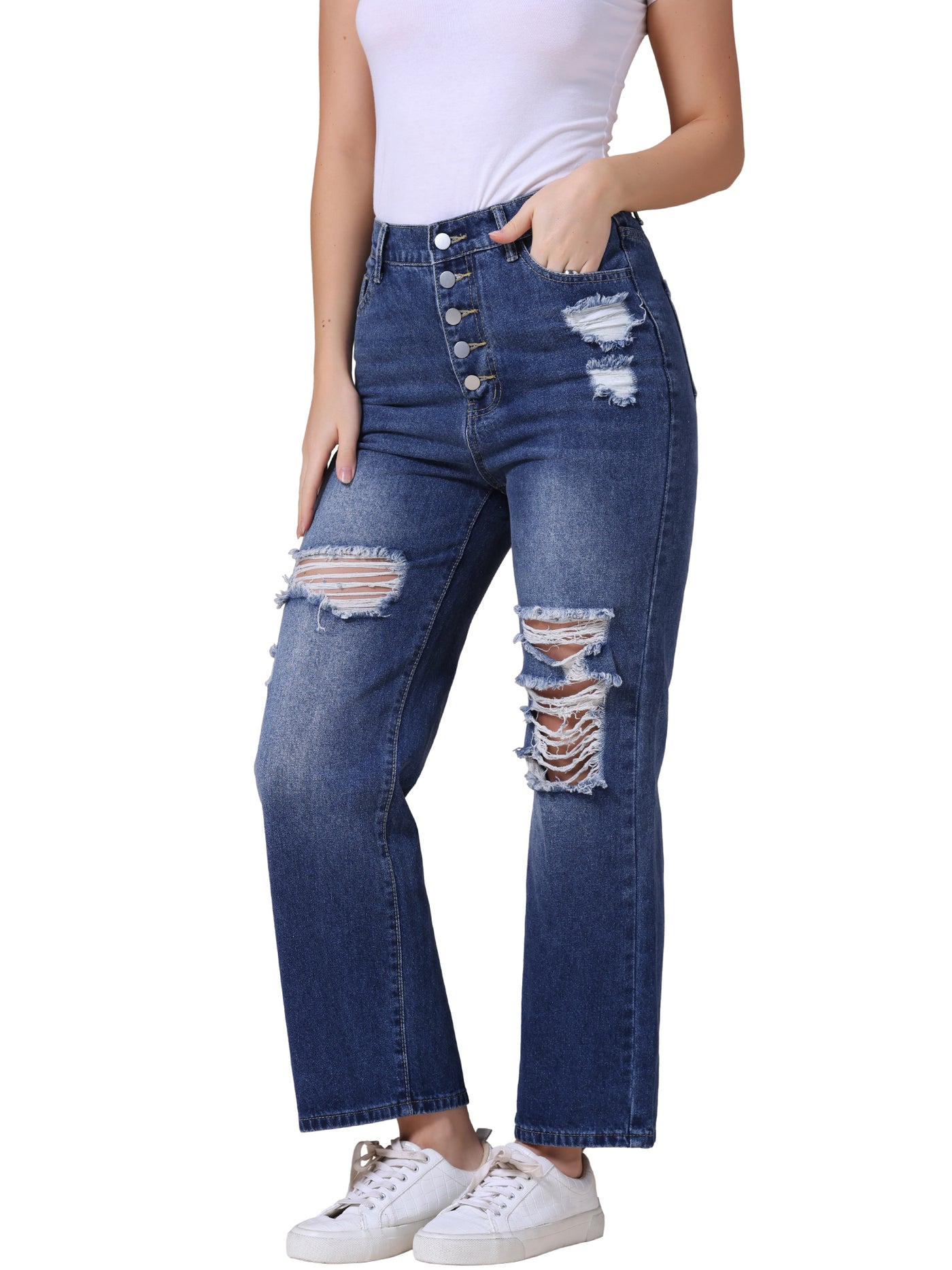 Bublédon Women's Ripped Jeans Distressed Button Front Stretchy Hole Destroyed High Rise Denim Pants