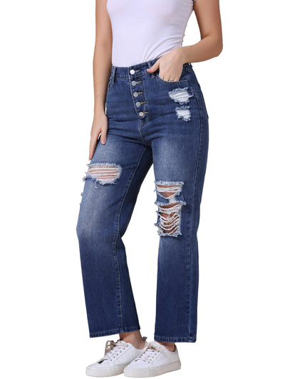 Women's Ripped Jeans Distressed Button Front Stretchy Hole Destroyed High Rise Denim Pants