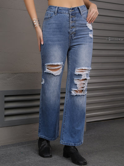 Women's Ripped Jeans Distressed Button Front Stretchy Hole Destroyed High Rise Denim Pants