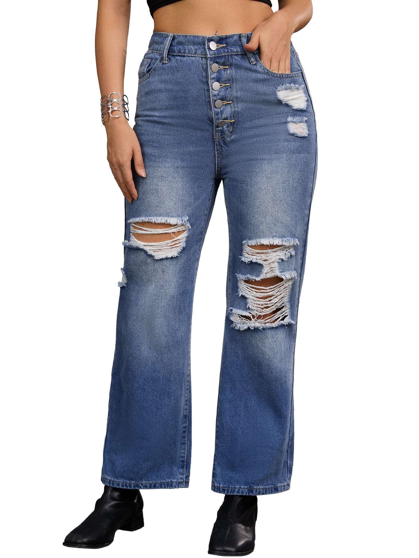 Bublédon Women's Ripped Jeans Distressed Button Front Stretchy Hole Destroyed High Rise Denim Pants