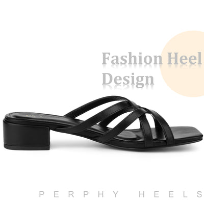 Square Toe Cross Strap Chunky Heel Slide Sandals for Women