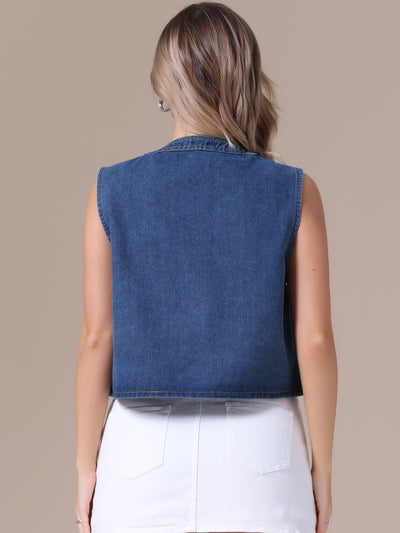 Women's Cropped Denim Cardigan Sleeveless Decor Pearl Jean Jacket Shrug