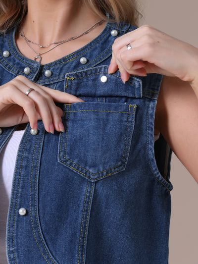 Women's Cropped Denim Cardigan Sleeveless Decor Pearl Jean Jacket Shrug