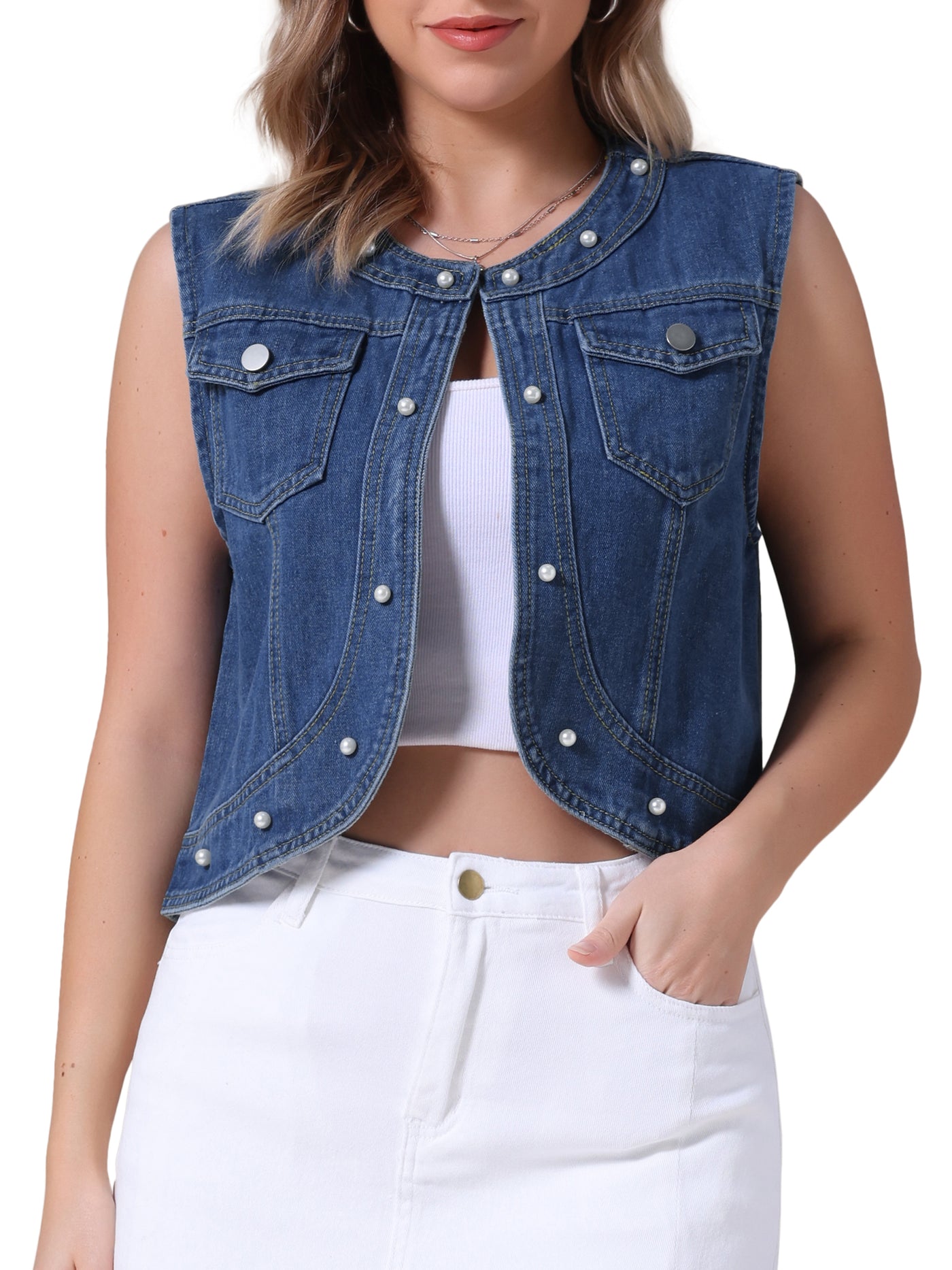 Bublédon Women's Cropped Denim Cardigan Sleeveless Decor Pearl Jean Jacket Shrug