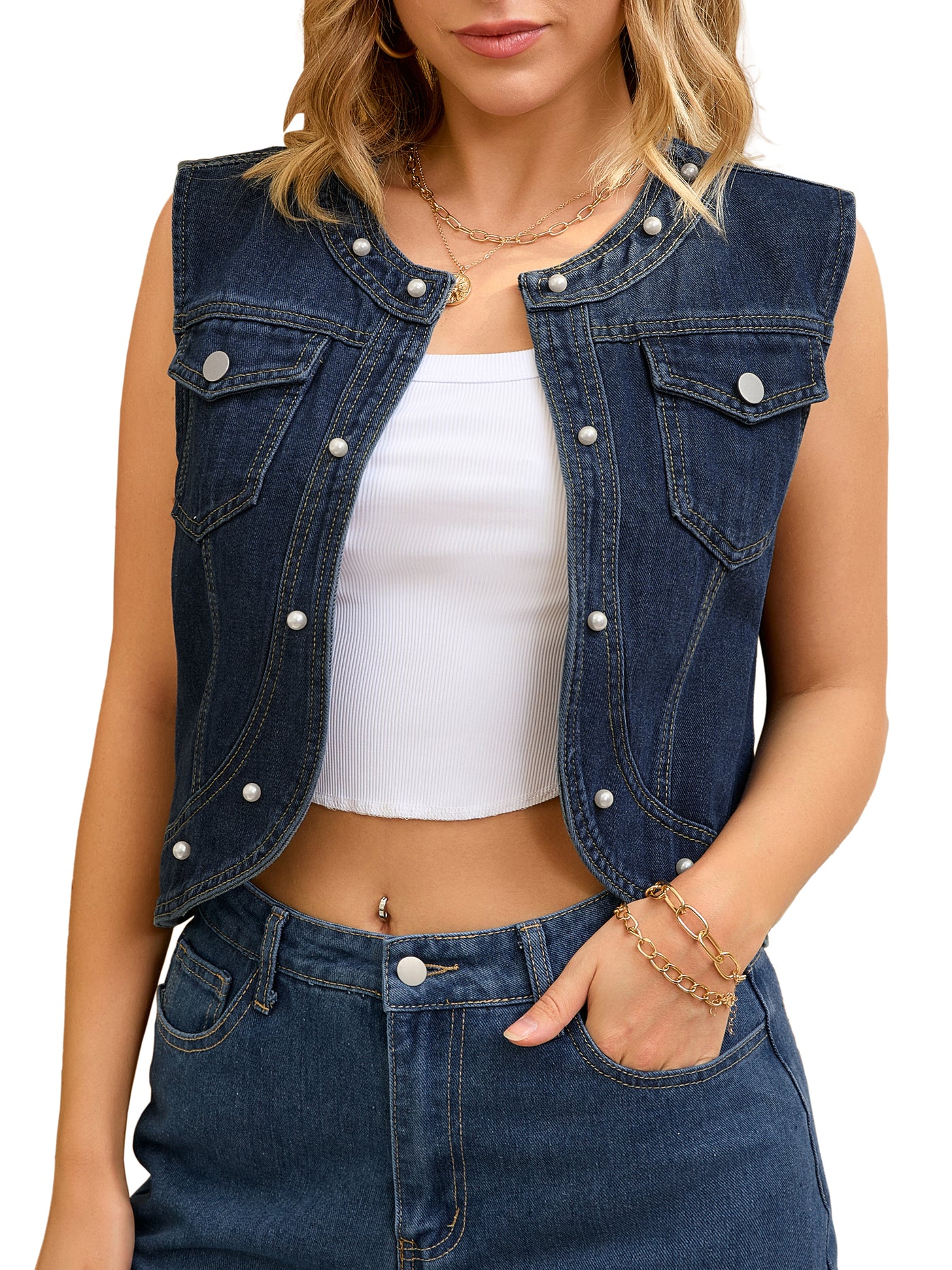 Bublédon Women's Cropped Denim Cardigan Sleeveless Decor Pearl Jean Jacket Shrug