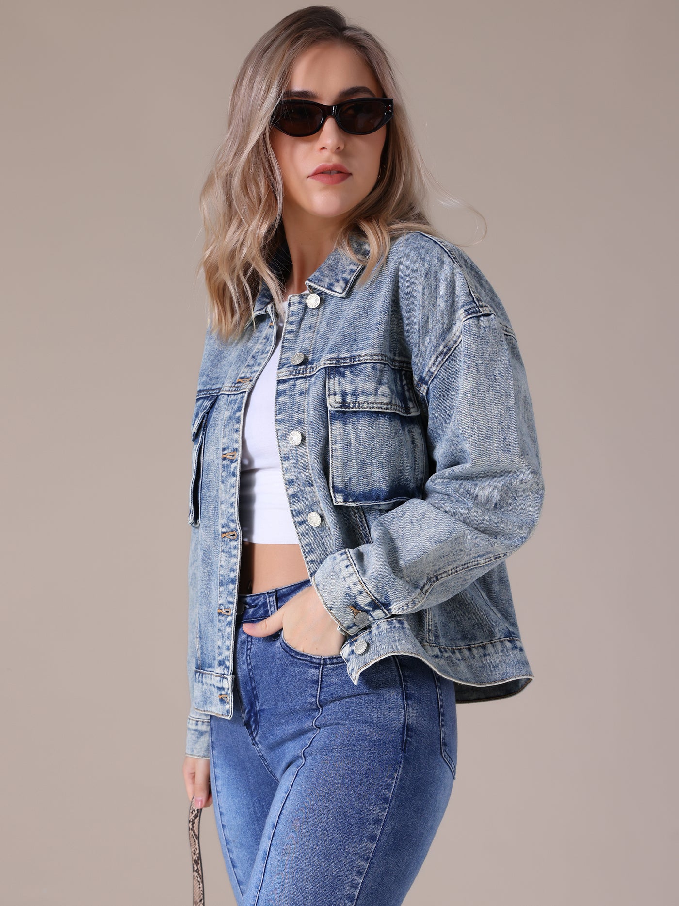 Bublédon CIMUK Women's Oversized Denim Button Down Pockets Jean Jacket