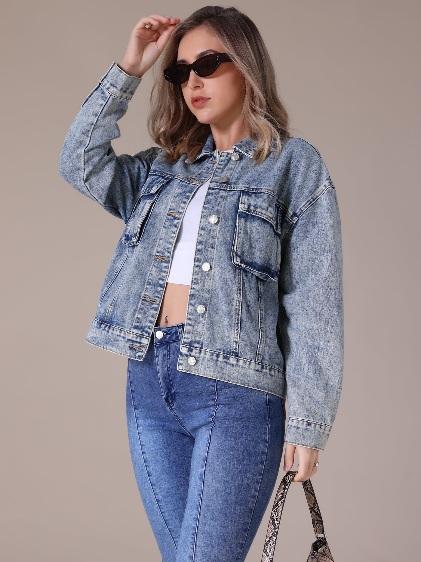 Bublédon CIMUK Women's Oversized Denim Button Down Pockets Jean Jacket