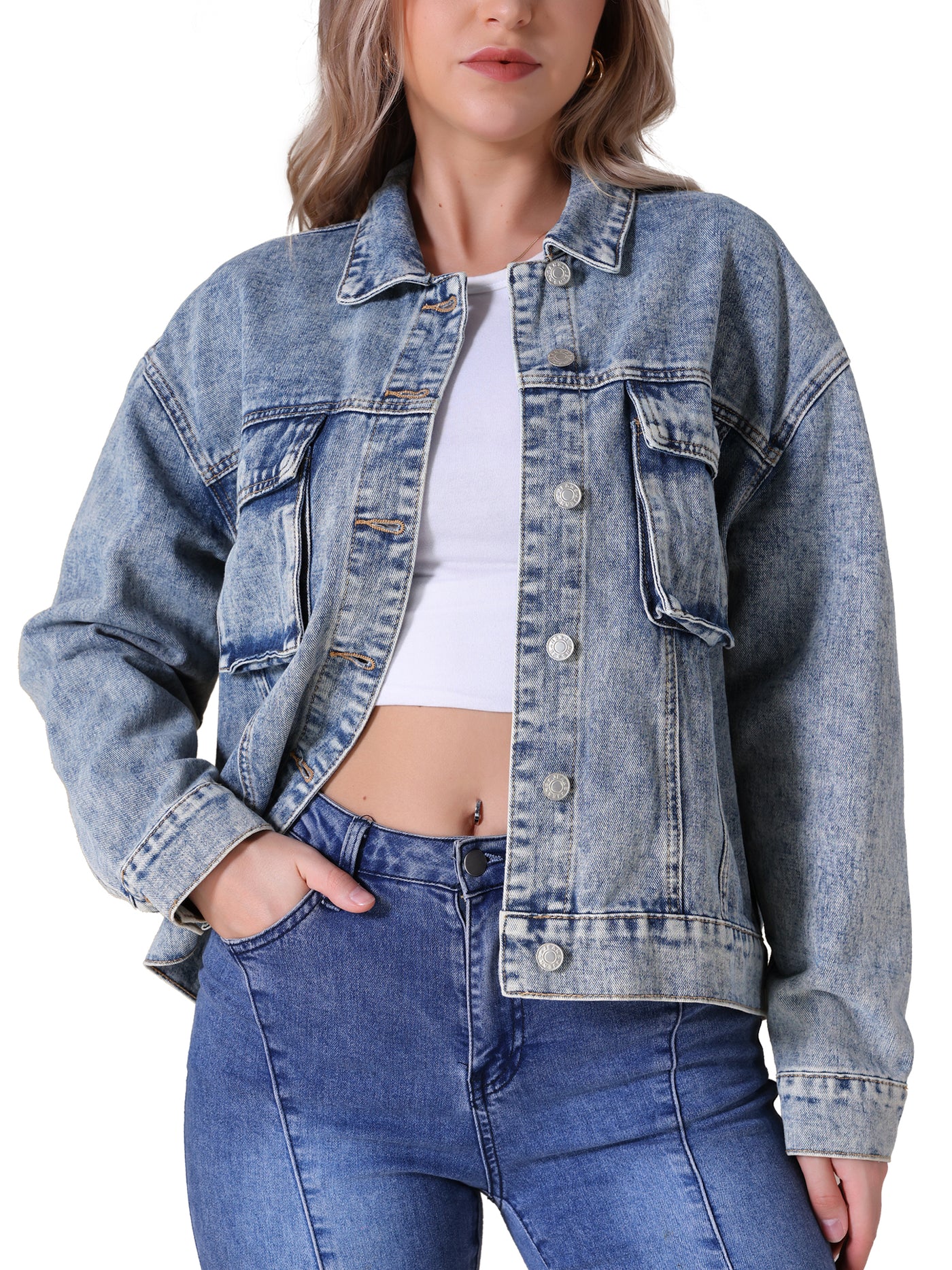 Bublédon CIMUK Women's Oversized Denim Button Down Pockets Jean Jacket