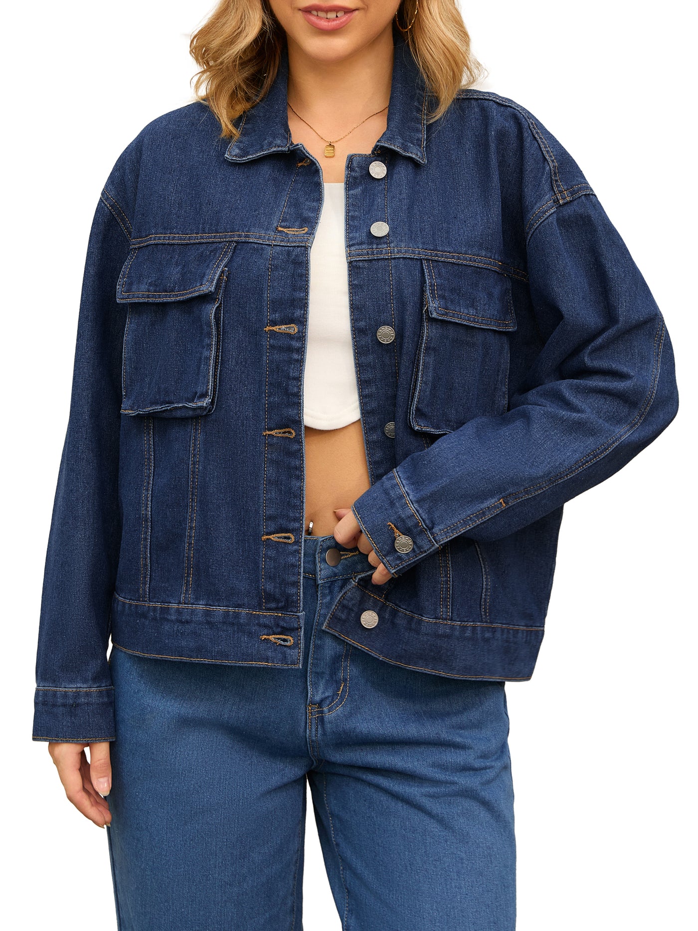 Bublédon CIMUK Women's Oversized Denim Button Down Pockets Jean Jacket