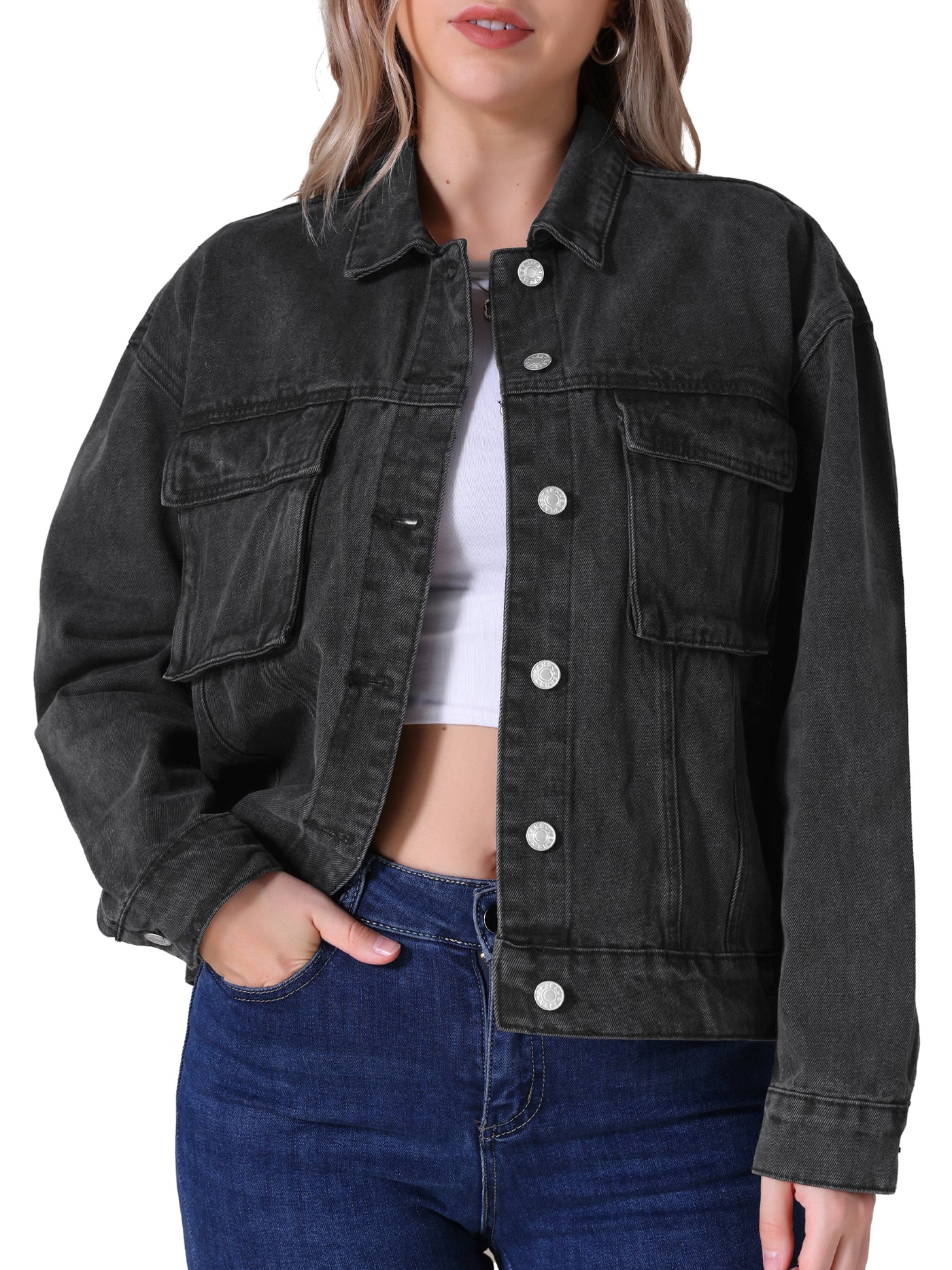 Bublédon CIMUK Women's Oversized Denim Button Down Pockets Jean Jacket