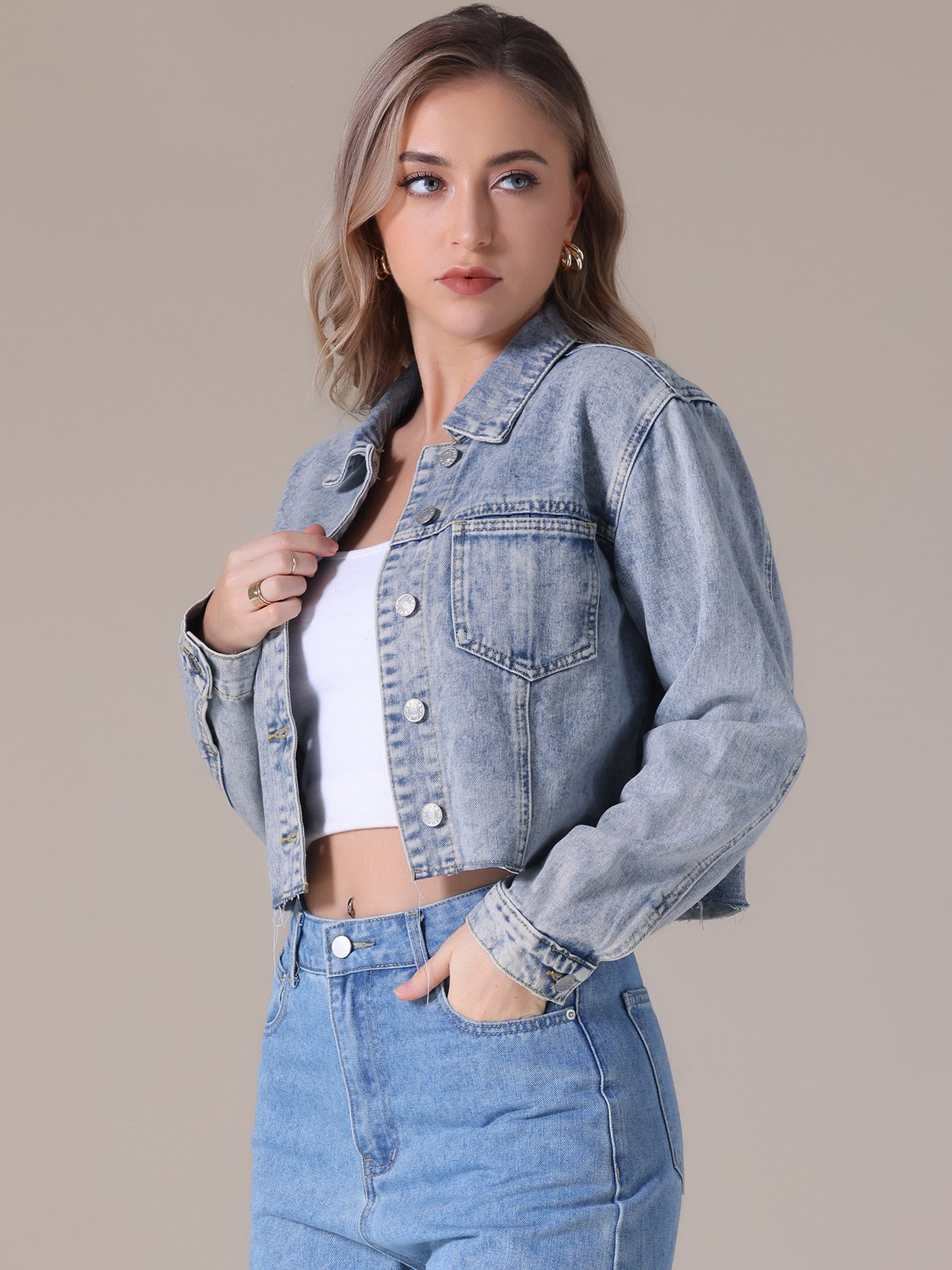 Bublédon Women's Jean Jackets Long Sleeve Frayed Hem Trendy Cropped Denim Jacket