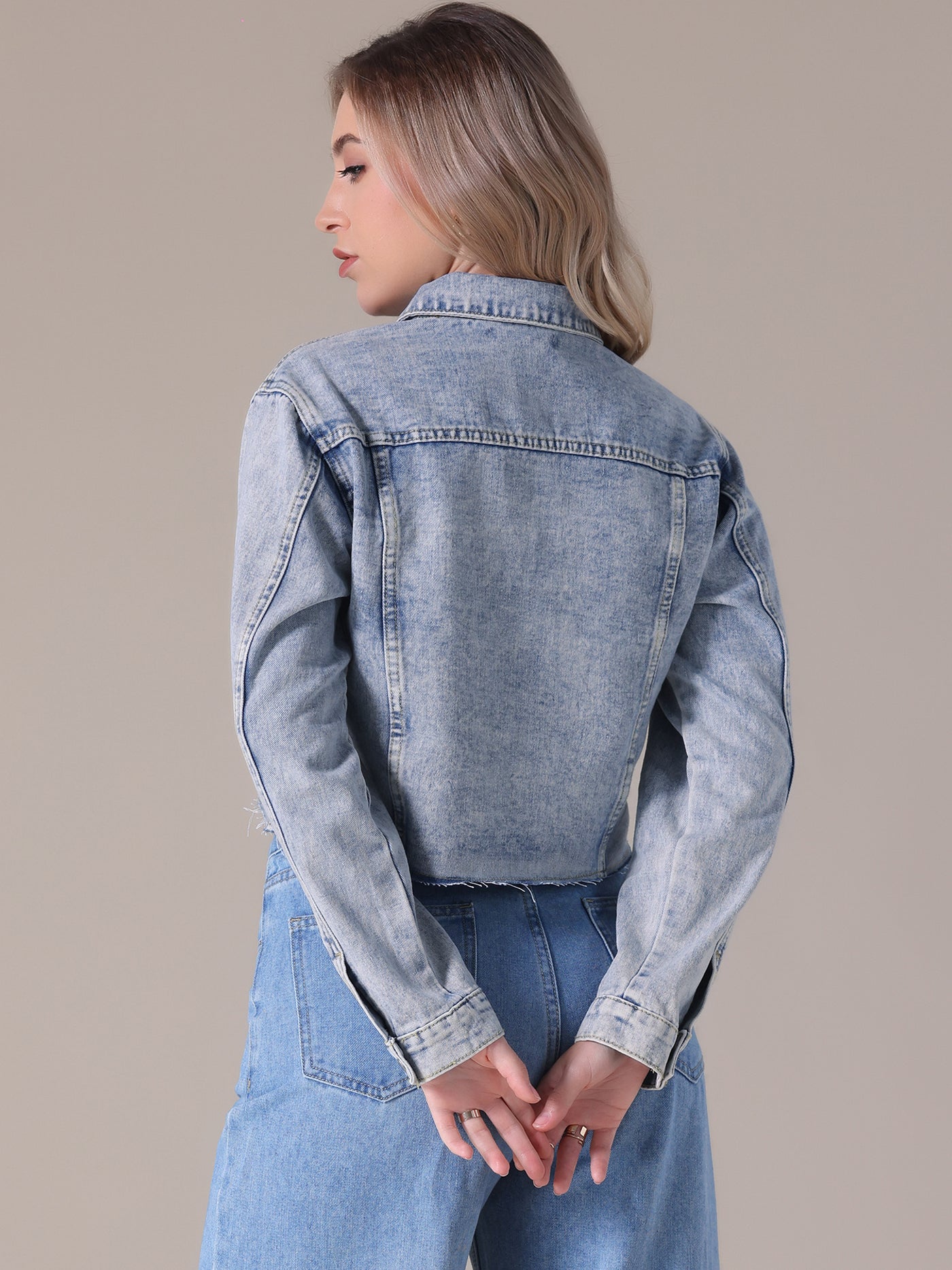 Bublédon Women's Jean Jackets Long Sleeve Frayed Hem Trendy Cropped Denim Jacket