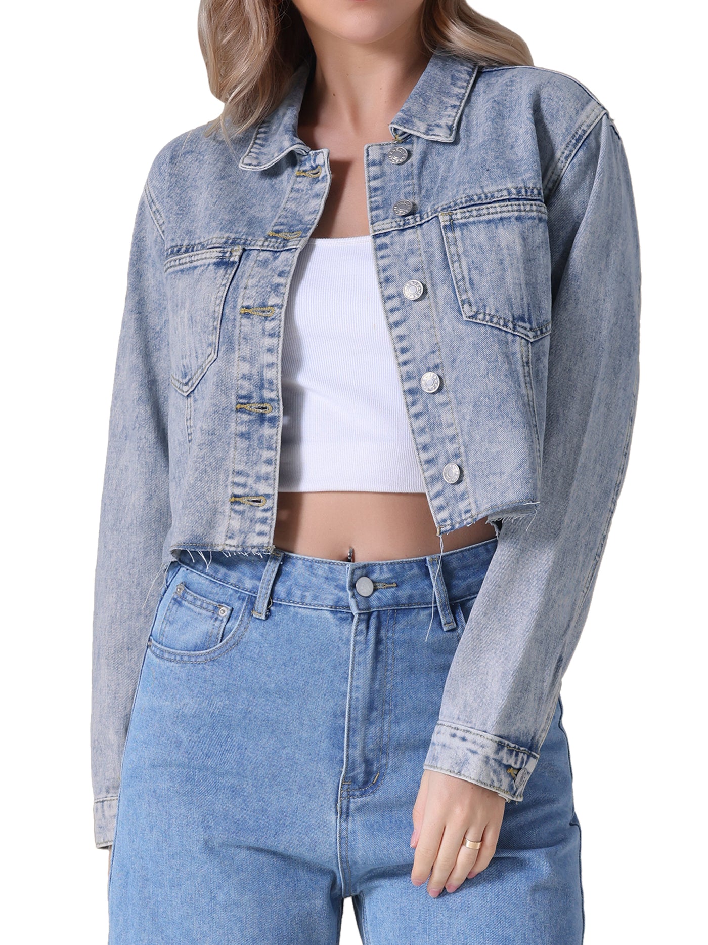 Bublédon Women's Jean Jackets Long Sleeve Frayed Hem Trendy Cropped Denim Jacket