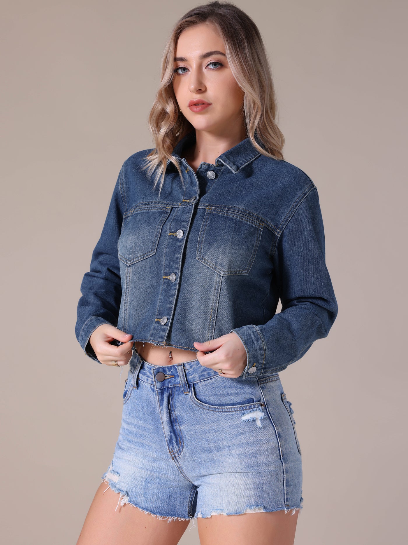 Bublédon Women's Jean Jackets Long Sleeve Frayed Hem Trendy Cropped Denim Jacket