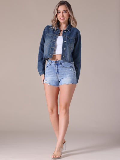 Women's Jean Jackets Long Sleeve Frayed Hem Trendy Cropped Denim Jacket