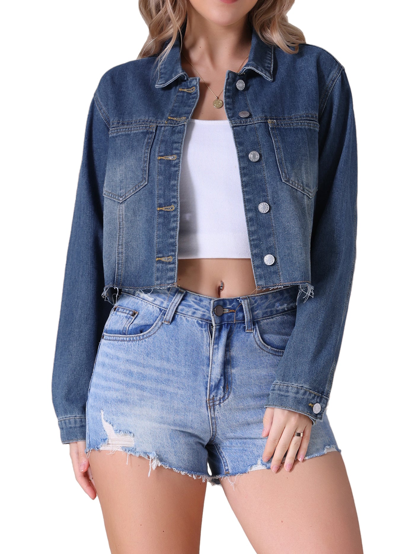 Bublédon Women's Jean Jackets Long Sleeve Frayed Hem Trendy Cropped Denim Jacket