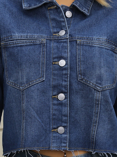 Women's Jean Jackets Long Sleeve Frayed Hem Trendy Cropped Denim Jacket