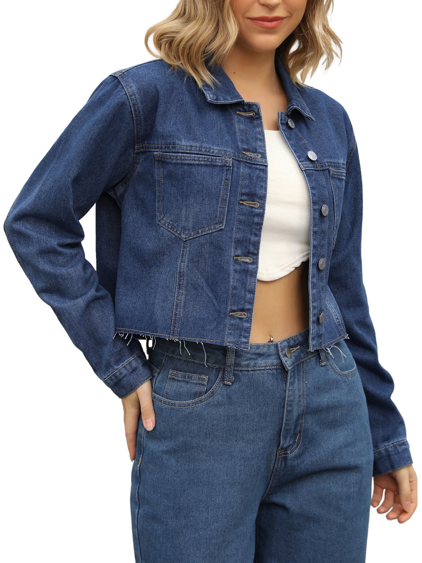 Bublédon Women's Jean Jackets Long Sleeve Frayed Hem Trendy Cropped Denim Jacket